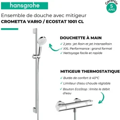 Pack mitigeur douche thermostatique HANSGROHE Ecostat 1001 CL + Barre et pommeau de douche Crometta Vario 2 jets Chromé