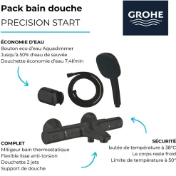 Pack mitigeur Thermostatique bain douche GROHE Precision Start + Douchette 2 jets Vitalio Comfort 110 avec flexible et support