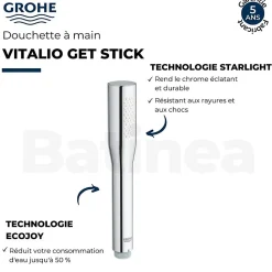 Pack mitigeur thermostatique GROHE Grohtherm 800 avec colonnettes + Douchette 1 jet Vitalio Get Stick + Flexible 1750 mm