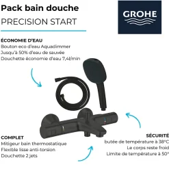 Pack mitigeur Thermostatique bain douche GROHE Precision Start + Douchette 2 jets Vitalio Comfort 110 et flexible