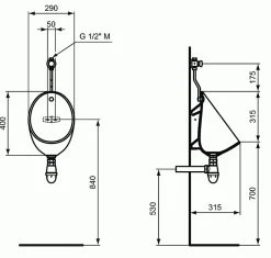 Pack urinoir - Applique - PORCHER - Sans bonde - 290x315x745 mm