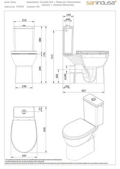 Pack WC au sol céramique traditionnelle SANINDUSA Easy évac. arrière alim. chasse par le côté abattant frein de chute blanc