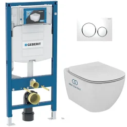 Pack WC Bati Geberit Duofix + Cuvette Ideal Standard Tesi Aquablade + Plaque de commande Sigma20 Blanc chrome + bati support