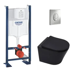 Pack WC Bâti-autoportant Rapid SL + WC Infinitio sans bride noir mat + Abattant softclose + Plaque chrome