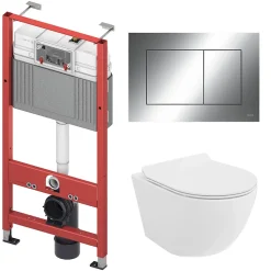 Pack WC Bâti-support TECEbase + WC Rolo blanc + tapis d'isolation acoustique + plaque chrome