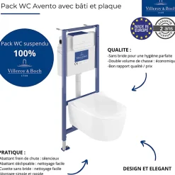 Pack WC sans bride VILLEROY ET BOCH Avento + Bâti support + abattant frein de chute + plaque chromée mat + Tabouret blanc