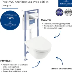 Pack WC sans bride VILLEROY ET BOCH Architectura avec abattant + bâti-support sol et mur Viconnect PRO + plaque chromée brillant