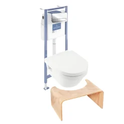 Pack WC sans bride VILLEROY ET BOCH Architectura abattant + bâti-support sol et mur + plaque chromée brillant + Tabouret bois