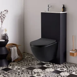 Pack WC suspendu avec lave-mains intégré + cuvette gain de place sans bride corolla Noir mat