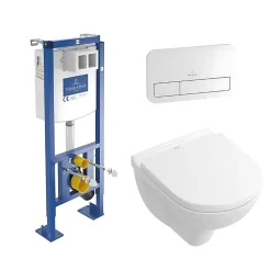 Pack WC suspendu compact sans bride VILLEROY ET BOCH O.novo + abattant + plaque blanche + bâti