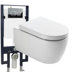 Pack WC suspendu NT2039 blanc brillant, abattant Soft-Close avec bâti-support G3008 + plaque de déclenchement noir mat Modèle 4111