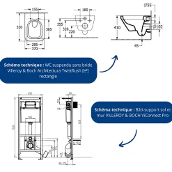 Pack WC suspendu sans bride Villeroy & Boch Architectura Twistflush e3 rectangle + bâti-support sol et mur + plaque noir