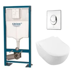 Pack wc suspendu sans bride VILLEROY ET BOCH Subway 2.0 + abattant + plaque chromée + bâti Grohe