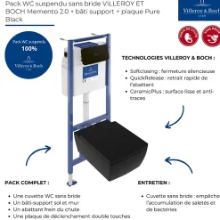 Pack WC suspendu sans bride VILLEROY ET BOCH Memento 2.0 + abattant + bâti-support sol et mur + plaque Pure Black