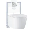 Pack WC suspendu sans bride GROHE Start Round Ceramic + Bati support hauteur réduite universel mur-sol + Plaque carré chromé