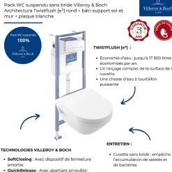 Pack WC suspendu sans bride Villeroy & Boch Architectura Twistflush e3 rond + bâti-support sol et mur + plaque blanc
