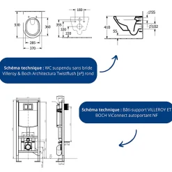 Pack WC suspendu sans bride Villeroy & Boch Architectura Twistflush e3 rond + bâti-support ViConnect + plaque noir