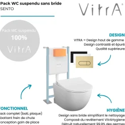Pack WC suspendu VITRA Sento blanc mat + bâti autoportant V-Fix Core + Plaque Round Blanche