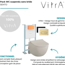 Pack WC suspendu VITRA Sento lin mat + bâti autoportant V-Fix Core + Plaque Round noir mat