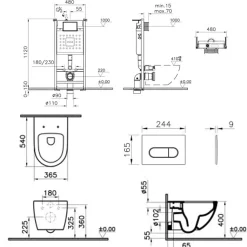 Pack WC suspendu VITRA Sento lin mat + bâti autoportant V-Fix Core + Plaque Round noir mat