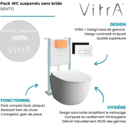 Pack WC suspendu VITRA Sento blanc + bâti autoportant V-Fix Core + Plaque Round Blanche
