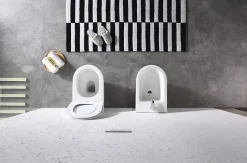 Paire de Sanitaires Bent Rimless - Cuvette + Bidet Mural au Sol Blanc Brillant - Sans Bride, Abattant Soft-Close