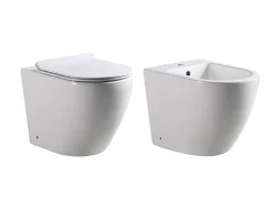 Paire de Sanitaires Bent Rimless - Cuvette + Bidet Mural au Sol Blanc Brillant - Sans Bride, Abattant Soft-Close