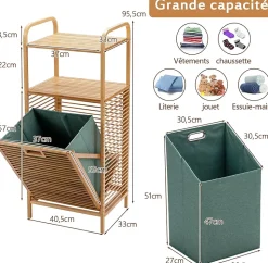 Panier à Linge en Bambou, Étagère Résistant à la Corrosion et aux Mites, Idéal pour Salle de Bain, Chambre, Balcon, Marron et Vert