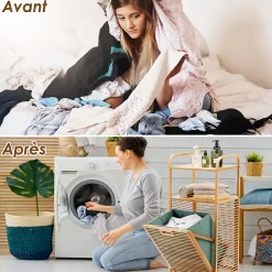 Panier à Linge en Bambou, Étagère Résistant à la Corrosion et aux Mites, Idéal pour Salle de Bain, Chambre, Balcon, Marron et Vert