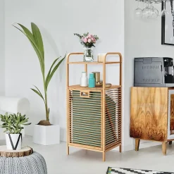 Panier à Linge en Bambou, Étagère Résistant à la Corrosion et aux Mites, Idéal pour Salle de Bain, Chambre, Balcon, Marron et Vert