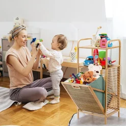 Panier à Linge en Bambou, Étagère Résistant à la Corrosion et aux Mites, Idéal pour Salle de Bain, Chambre, Balcon, Marron et Vert