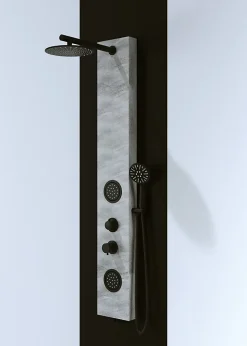 panneau de douche avec robinets noirs, 3 Fonctions en Effect Pierre gris, pommeau douche, douche à main, gets hydromassage