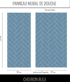 Panneau mural Alu Douche Salle de Bain CHEVRON BLEU MAT DROITE 120 cm x 210 cm