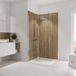 Panneau mural de salle de bains l.100 x H.210 cm, effet tasseaux bois chêne vertical, Schulte Décodesign Japandi vendu par 2