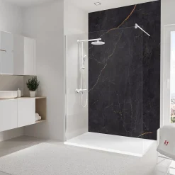 Panneau mural de salle de bains l.150 x H.255 cm, effet marbre anthracite et cuivre mat, Schulte DécoDesign Softtouch