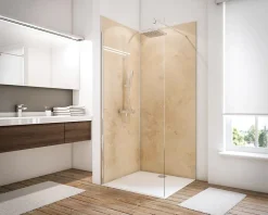 Panneau mural de salle de bains l.100 x H.210 cm, effet travertin beige, Schulte Décodesign vendu par 2