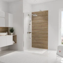 Panneau mural de salle de bains l.100 x H.210 cm, effet tasseaux bois chêne horizontal, Schulte DécoDesign Japandi