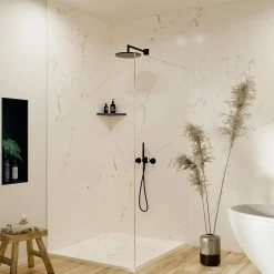 Panneau mural pour salle de bain resine effet marbre blanc 250x120 cm Natte d'etancheite periferique integree