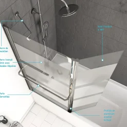 Pare baignoire + volet pivotant 130x105- Profile aluminium chrome et verre transparent bande depolie