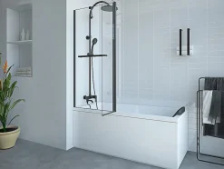 Pare baignoire avec porte-serviette et retour pivotant noir mat - (70 + 30) x 140 cm - PRIMAEL