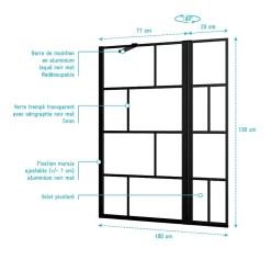 Pare baignoire avec volet pivotant - profile noir mat - 130x104 (HxL) - verre 5mm sérigraphié