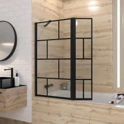 Pare baignoire avec volet pivotant - profile noir mat - 130x104 (HxL) - verre 5mm sérigraphié