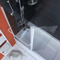 PARE BAIGNOIRE AVEC VOLET PIVOTANT 130x105cm PROFILE ALUMINIUM LAQUE BLANC ET VERRE TRANSPARENT