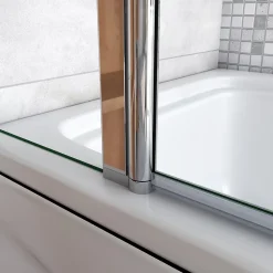 Pare baignoire chromé pivotant L.100 x 140 cm avec 2 étagères et porte-serviette - 6mm verre sécurité