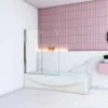 Pare baignoire Chrome au angle arrondis pivotant 180 degrés L100xH140cm, 6mm verre anticalcaire avec bande central dépoli