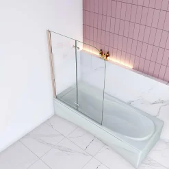 Pare baignoire Chrome au angle arrondis pivotant 180 degrés L100xH140cm, 6mm verre anticalcaire avec bande central dépoli