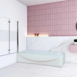 Pare baignoire Chrome au angle arrondis pivotant 180 degrés L100xH140cm, 6mm verre anticalcaire avec bande central dépoli