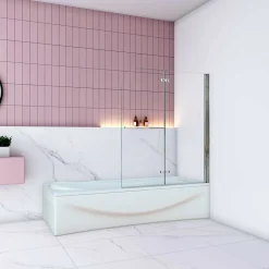 Pare baignoire Chrome au angle arrondis pivotant 180 degrés,L100xH140cm, 6mm verre anticalcaire avec porte serviette