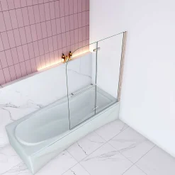 Pare baignoire Chrome au angle arrondis pivotant 180 degrés,L100xH140cm, 6mm verre anticalcaire avec porte serviette