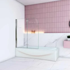 Pare baignoire Chrome au angle arrondis pivotant 180 degrés L90xH140cm,6mm verre anticalcaire avec bande central dépoli
